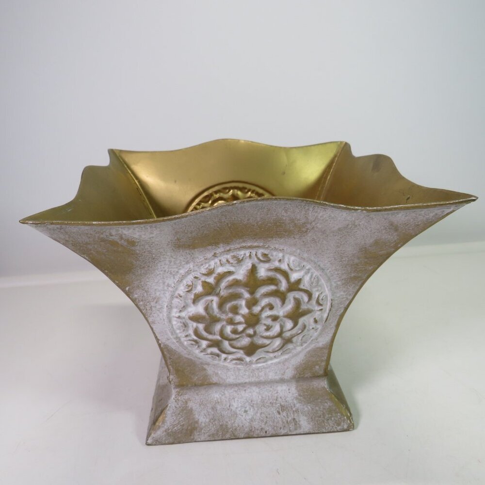 Gold & White Metal Planter Embossed Weathered / Distressed French Country